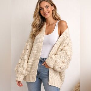 Bubble Sleeve Chunky Knit Open Front Cream Cardigan